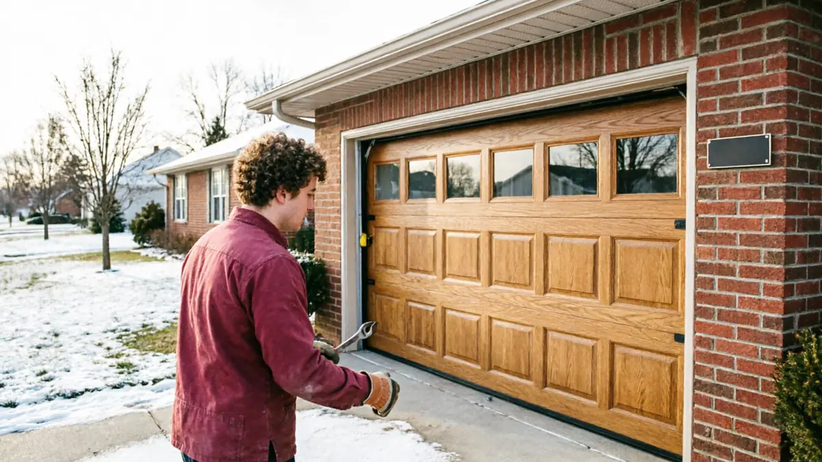 A technician in a red shirt holds a wrench near a partially open wooden garage door.