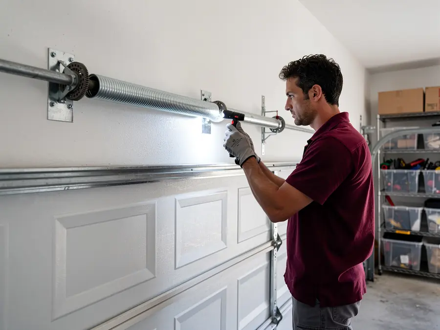 A technician shines a flashlight on a garage door torsion spring.