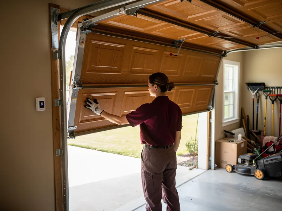 A technician in a maroon shirt is inspecting a brown garage door.